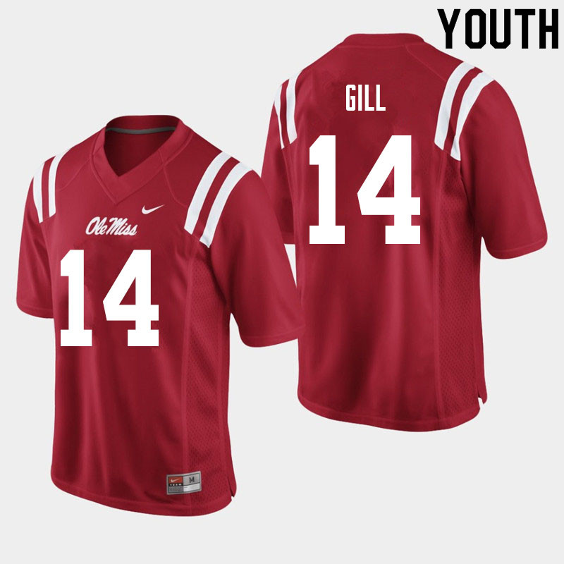 Daylen Gill Ole Miss Rebels NCAA Youth Red #14 Stitched Limited College Football Jersey PUX0858HK